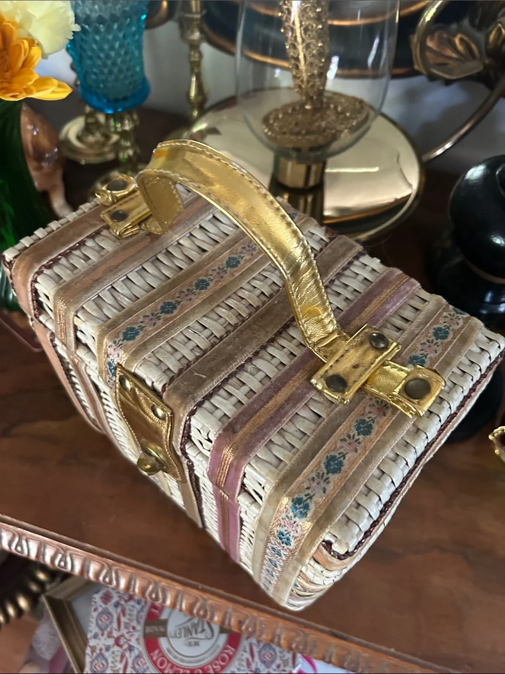 Vintage Woven Wicker Box Handbag with Ribbon Trim